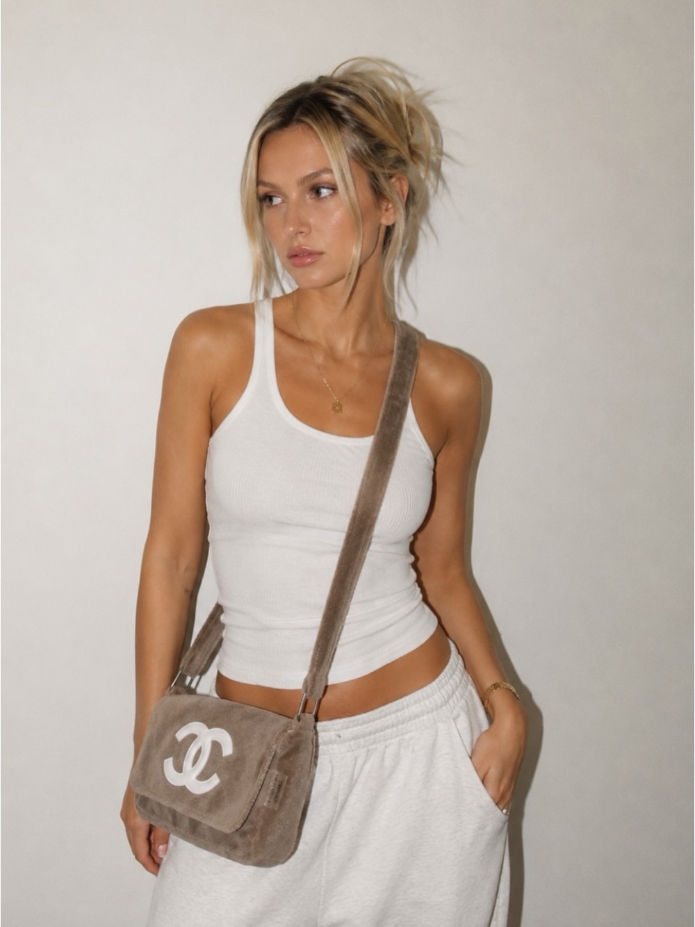 Vintage Chanel Terry Precision Bag / Khaki and White CC logo